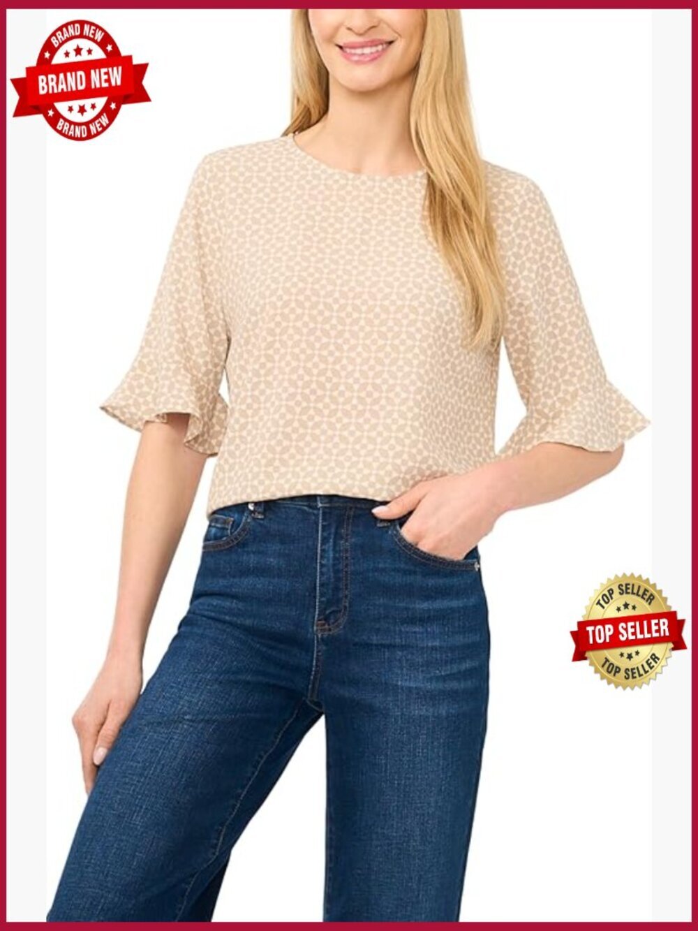 Womens Geometric Ruffle Cuff Crew Neck Top 3/4 Sleeve Blouse